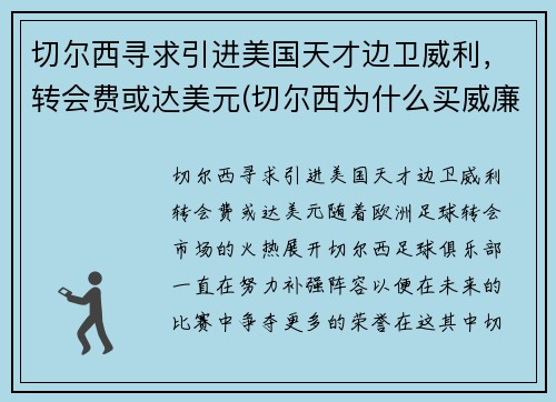 切尔西寻求引进美国天才边卫威利，转会费或达美元(切尔西为什么买威廉)