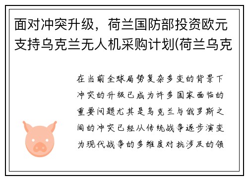 面对冲突升级，荷兰国防部投资欧元支持乌克兰无人机采购计划(荷兰乌克兰首发预测)