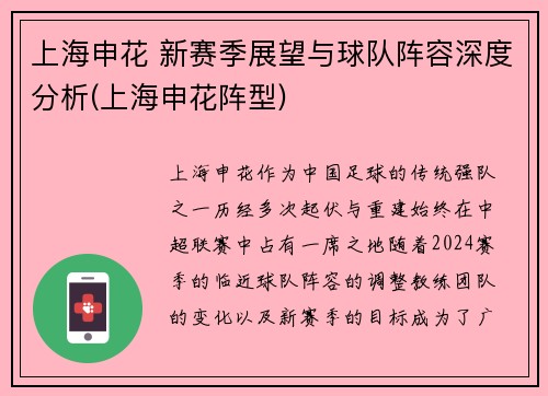 上海申花 新赛季展望与球队阵容深度分析(上海申花阵型)