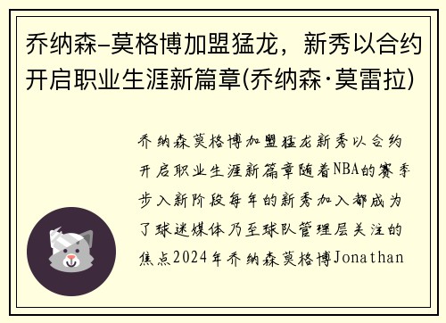 乔纳森-莫格博加盟猛龙，新秀以合约开启职业生涯新篇章(乔纳森·莫雷拉)