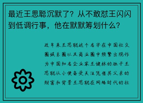 最近王思聪沉默了？从不敢怼王闪闪到低调行事，他在默默筹划什么？