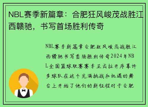 NBL赛季新篇章：合肥狂风峻茂战胜江西赣驰，书写首场胜利传奇