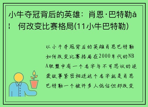 小牛夺冠背后的英雄：肖恩·巴特勒如何改变比赛格局(11小牛巴特勒)