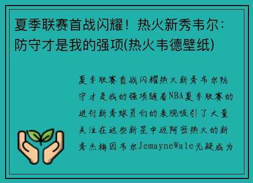 夏季联赛首战闪耀！热火新秀韦尔：防守才是我的强项(热火韦德壁纸)
