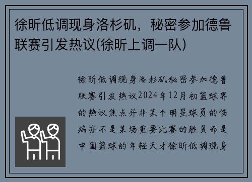 徐昕低调现身洛杉矶，秘密参加德鲁联赛引发热议(徐昕上调一队)